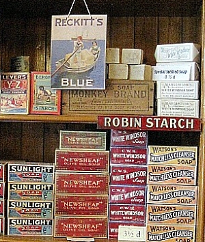 Packages and ads on shelves